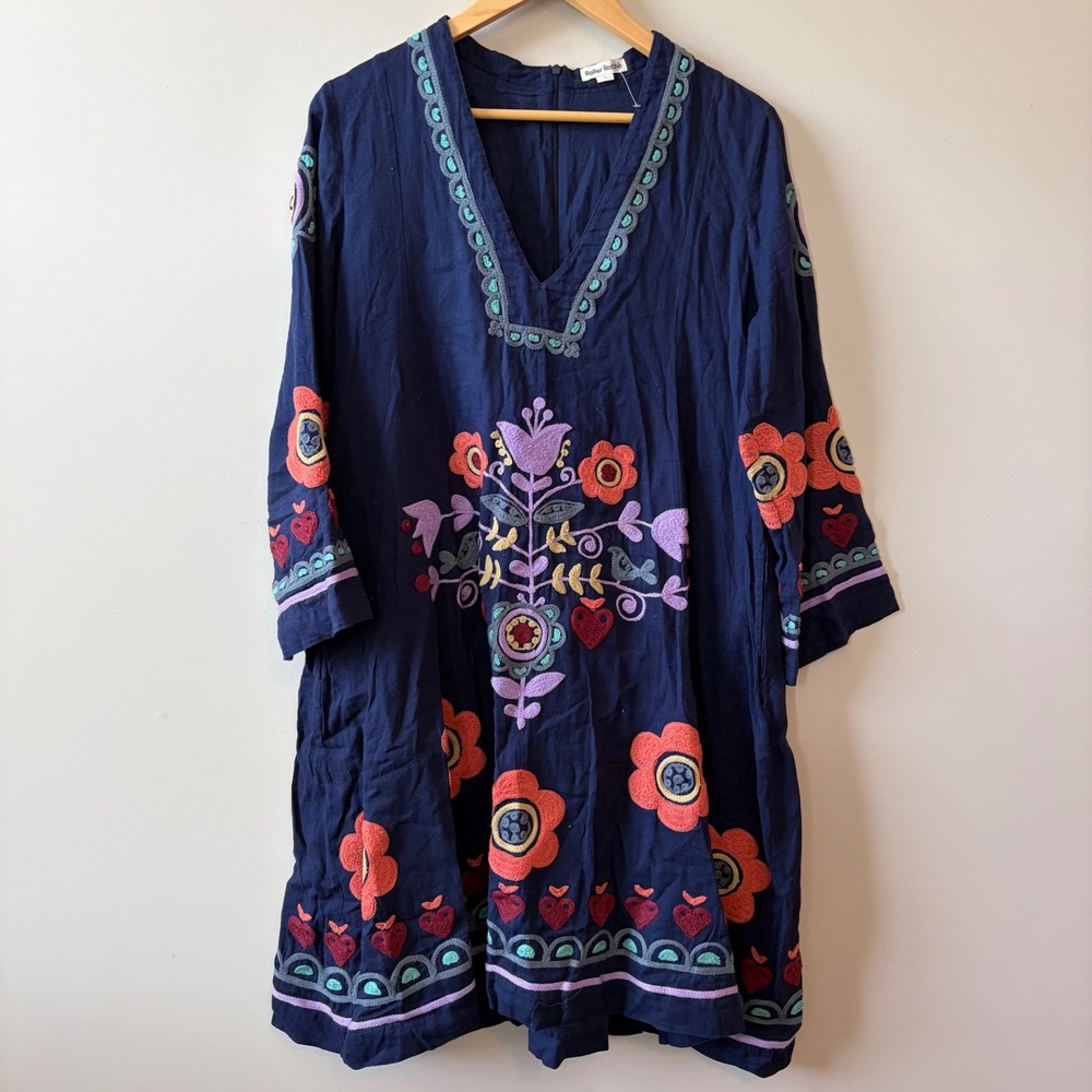 Roller Rabbit Navy Blue Embroidered Floral Bird Cotton Tunic Dress Womens Medium